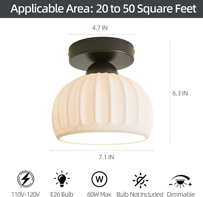 2 Pack Ceramic Black Semi Flush Mount Ceiling Light Vintage Hallway Light Fixtures, Modern Small Ceiling Mount Light Lamp for Hall Kitchen Entryway Passway Porch Foyer
