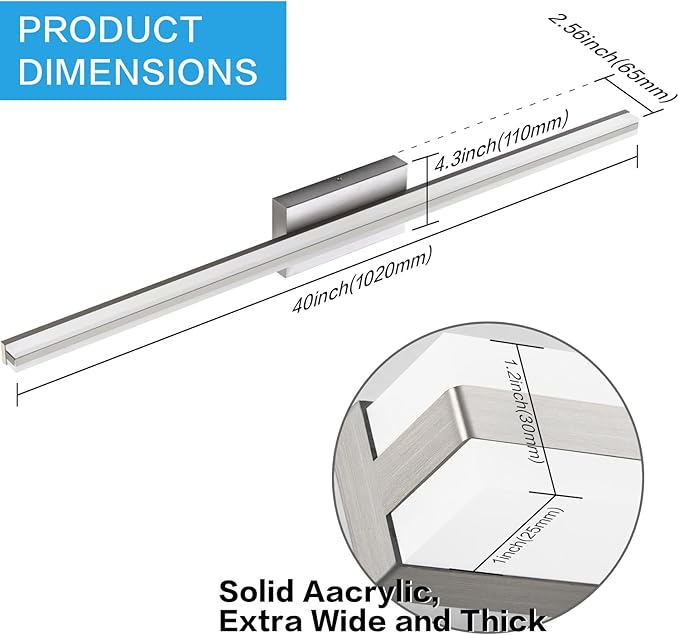 SOLFART Bathroom Light Fixtures Brushed Nickel 40 Inches Modern LED Bathroom Light Fixtures Over Mirror Dimmable Wall Lights S8200-1020mm-NK-D