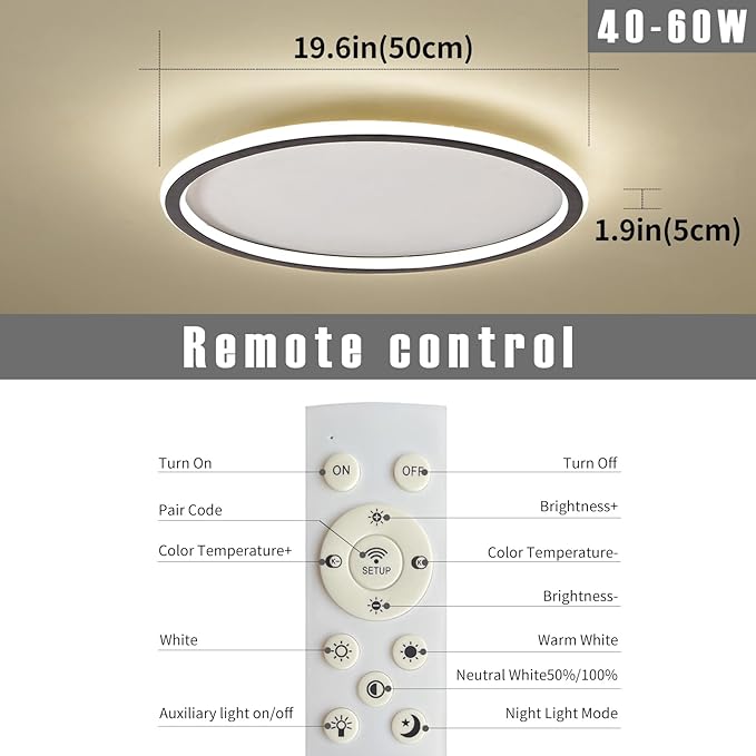 19.68 Inch Flush Mount Ceiling Light, 40-60W Round LED Ceiling Light Fixtures, Thin Modern Ceiling Lamp, Close to Ceiling Lights for Bedroom, Kitchen, Living Room, 3 Color Temperature Selectable