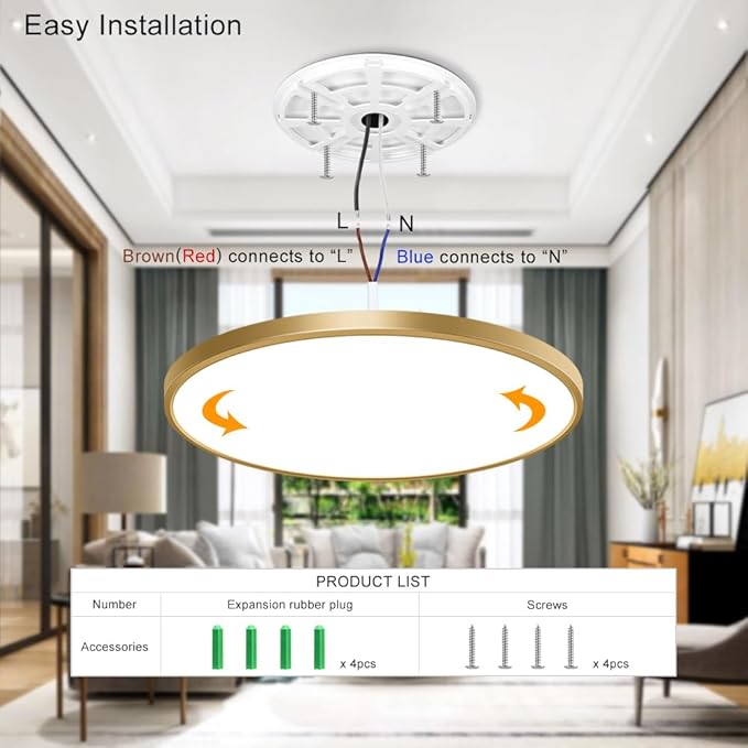 15.7 Inch Gold Flush Mount Ceiling Light Fixture, 5000K Daylight White, 32W 3800LM Bright LED Ceiling Light, Flat Round Light Fixtures Flush Mount for Bedrooms Living Rooms