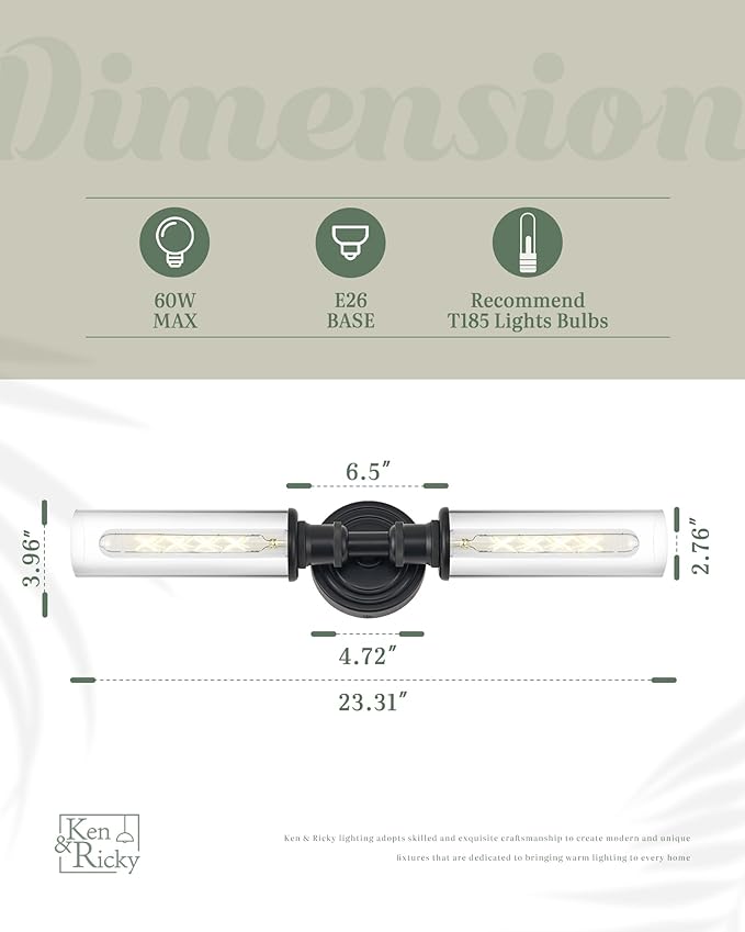 Ken & Ricky Modern Bathroom Sconces Set of 2, Matte Black Bathroom Wall Sconces,24-Inch Wall Sconce Light Fixtures Side of Mirror for Bathroom Living Room Bedroom