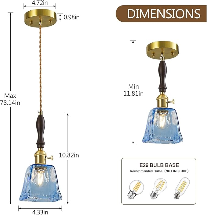 Blue Glass Vintage Pendant Light Height Adjustable Handmade Glass Pendant Lights Kitchen Island Gold Hanging Light Fixture with Wood Handle for Bedroom Dining Room Hotel (1 Pack)