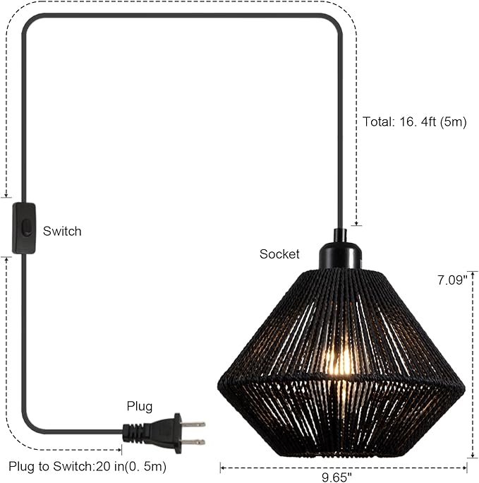 Black Woven Plug in Pendant Light Fixture, 9.65’’ Rustic Farmhouse Pendant Hanging Light with Plug in Cord & On/Off Switch for Kitchen Island Living Dining Room Bedroom Foyer