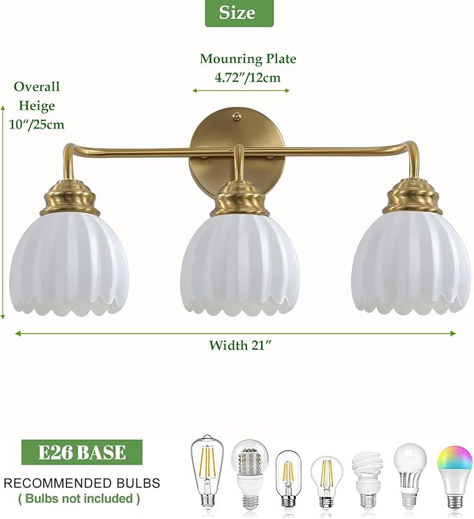 3 Light Vintage Bathroom Light Fixtures, Gold Bathroom Vanity Light, Brass Finish with White Tulip Glass Shade, Wall Lighting for Bedroom, Living Room, Hallway,E26 Base
