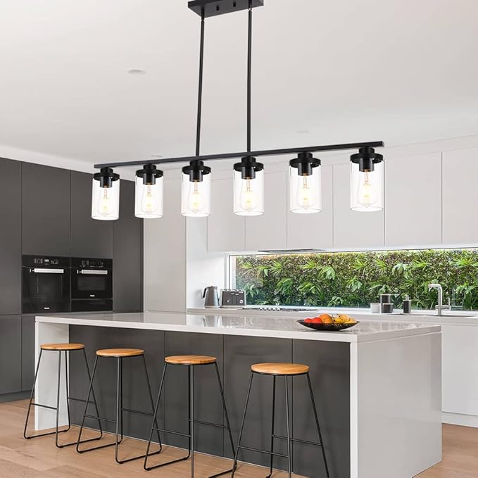 Farmhouse Dining Room Light Fixture 6 Lights Chandeliers for Dining Room Black Pendant Lighting with Clear Glass Shade for Dining Room, Foyer, Restaurant, Bar, E26 Base