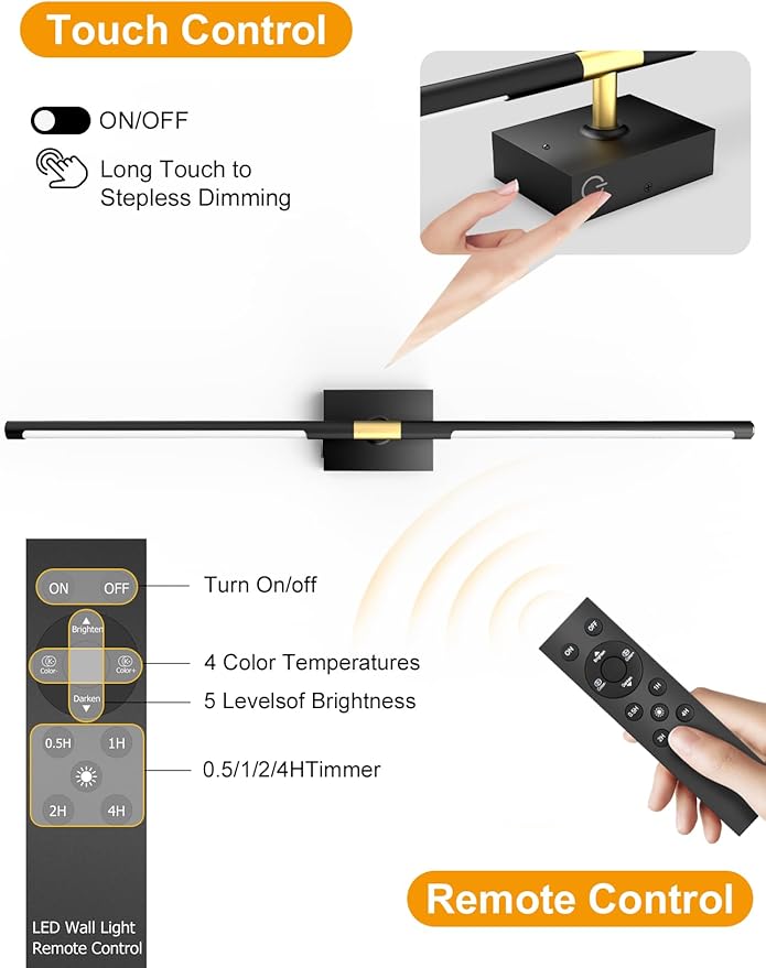 Battery Operated Wall Sconces Set of 2: 10000mAh Rechargeable Wall Lights, Easy Install 360° Rotate 3000K-6000K LED Wireless Wall Light Decor for Bedroom Living Room Hallway Picture Lighting Gallery