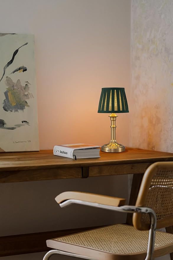 KDG Cordless Portables Table Lamp Set of 2, LED Fabric Shade Small Desk Lamps, 5000mAh Battery Powered Lighting, 2700K Stepless Dimmable Light for Living Room, Dining Room, Bedroom (Gold+Green)