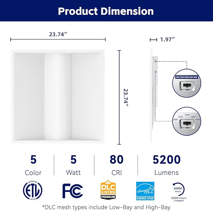 36Pack 2x2 FT LED Center Basket Troffer Light, 5CCT Color Tunable 3000/3500/4000/5000/6500K, Watt Adjustable 40W/35/30/25/20W, 0-10V Dimmable Drop Ceiling Lights, 120-277V-ETL&DLC Qualified