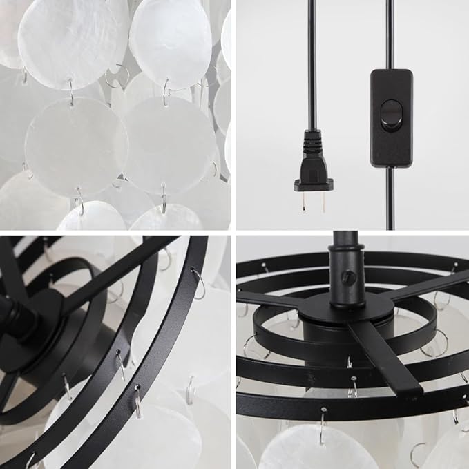 14.76ft Capiz Shell Pendant Light Fixture, 7.87” 1-Light Plug in Shell Black Chandelier with ON/Off Switch for Kitchen Island, Dining Room, Bedroom Room, Living Room