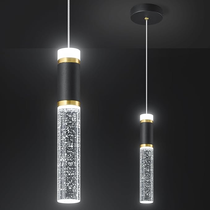 Pendant Ceiling Light Fixture for Kitchen Island, Black Gold Pendant Light Integrated Dimmable LED Hanging Light with Bubble Crystal Pendant Light Modern Pendant Lights Kitchen Island (1-Pack)