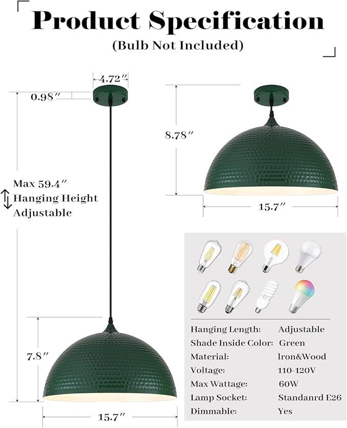 16 inch Green Pendant Light 2 Pack, Hammered Large Industrial Pendant Lights Kitchen Island, Green Dome Pendant Light for Kitchen Island, Dining Room, Bar