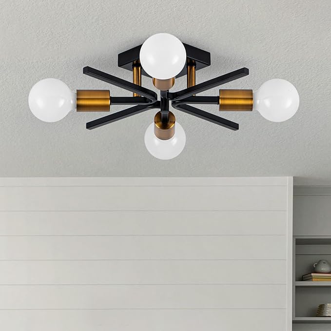 4 Light Sputnik Light Fixture Black Gold Flush Mount Lights Industrial Ceiling Light 19" Modern Farmhouse Ceiling Lights for Kitchen Bedroom Bathroom Foyer Hallway(E26)