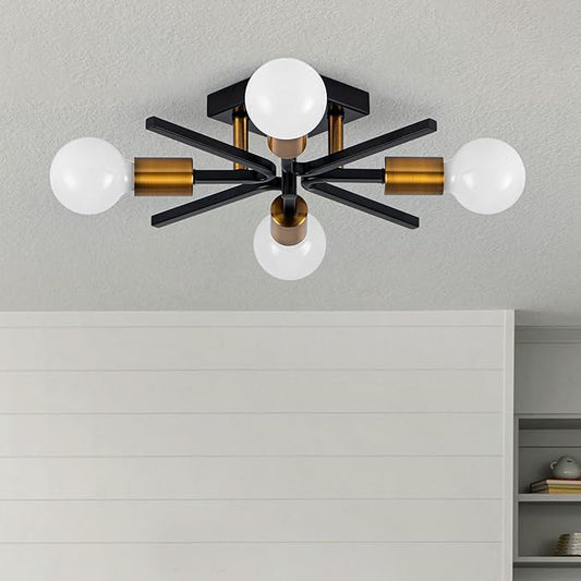 4 Light Sputnik Light Fixture Black Gold Flush Mount Lights Industrial Ceiling Light 19" Modern Farmhouse Ceiling Lights for Kitchen Bedroom Bathroom Foyer Hallway(E26)