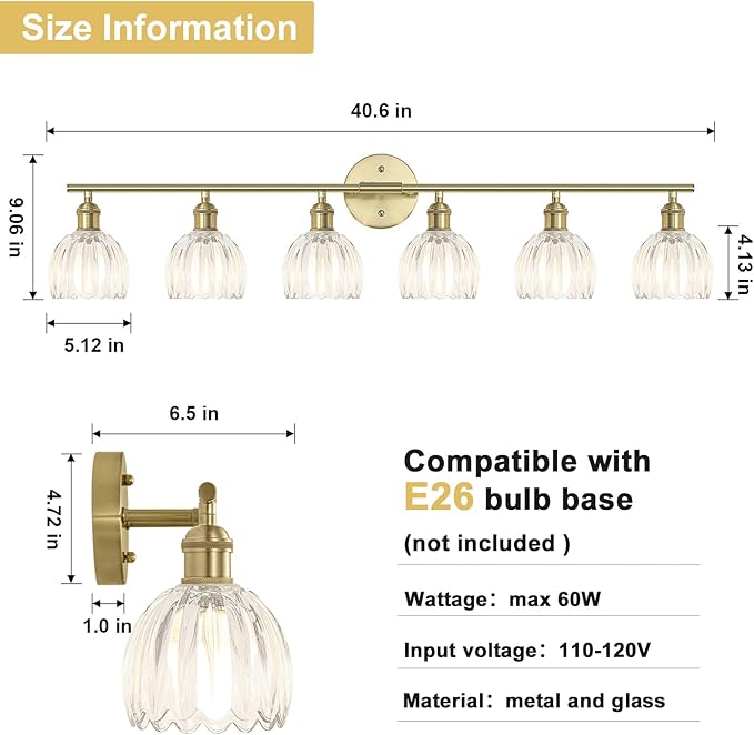 Vintage Bathroom Light Fixtures,6-Light Hardwired Vanity Lights with Clear Tulip Glass Shade,Gold Bathroom Vanity Light for Mirror Restroom,E26 Socket,40.55 in(Bulbs Not Included)
