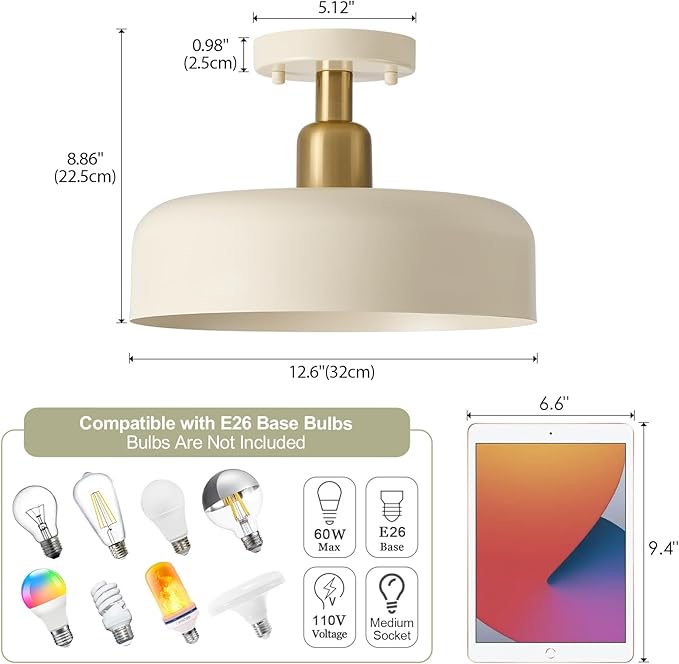 BISAMIYA Modern Semi Flush Mount Ceiling Light Fixture, Brass Accent and 12.6" Metal Shade Ceiling Light, for Kitchen, Hallway, Entryway, Pantry, Laundry Room