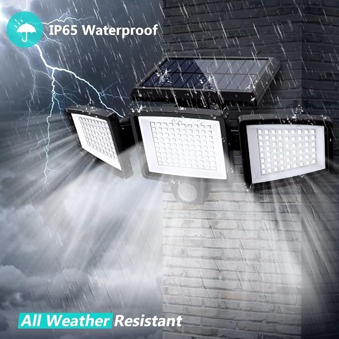 Tuffenough Solar Outdoor Lights 2500LM 210 LED Security Lights with Remote Control,3 Heads Motion Sensor Lights, IP65 Waterproof,270° Wide Angle Flood Wall Lights with 3 Modes(4 Pack)