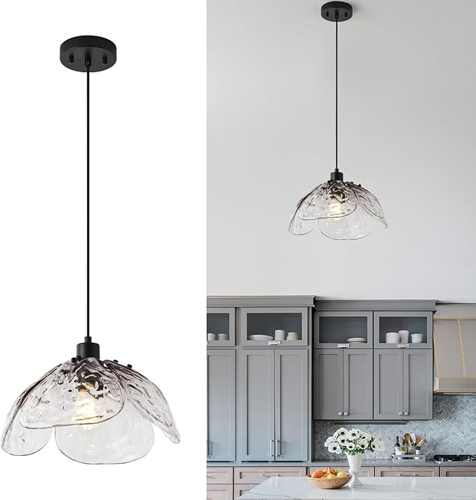 Vintage Gradient Smoke Gray Pendant Light,Black Pendant Lighting Fixture with Handmade Leaf Glass for Bedroom,Kitchen,Hallway,Entryway