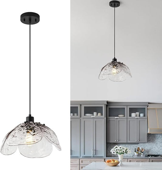 Vintage Gradient Smoke Gray Pendant Light,Black Pendant Lighting Fixture with Handmade Leaf Glass for Bedroom,Kitchen,Hallway,Entryway