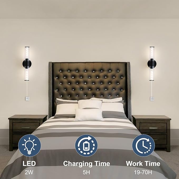 Black Battery Operated Wall Sconces Set of Two Modern Rechargeable Wall Sconces with Remote Control LED Dimmable Wall Lights for Living Room Bedroom Hallway (2 Pack)