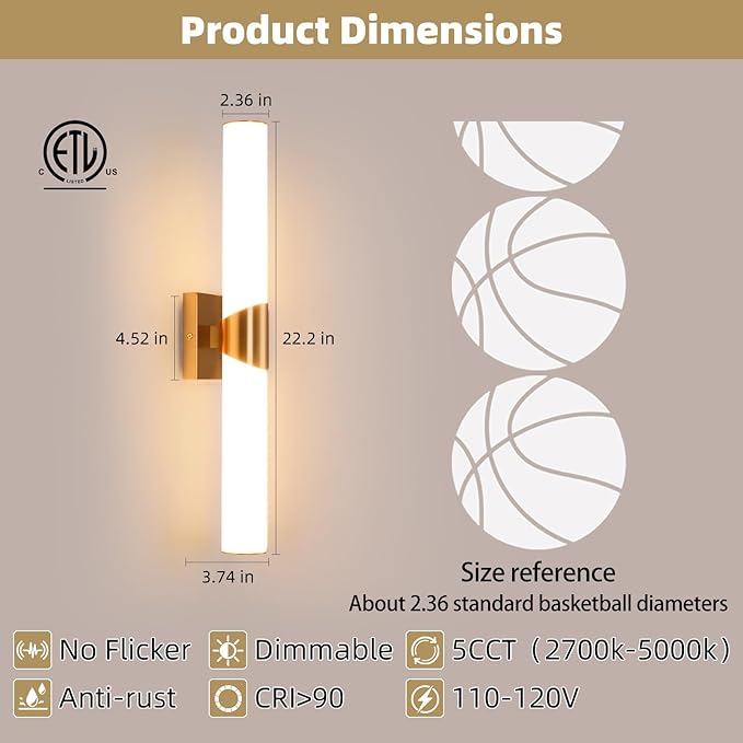 Modern Wall Sconce 22 Ihch Gold Bathroom Sconces LED Wall Lighting Fixtures with Acrylic Shade Hardwired Long Vanity Lights Over Mirror for Bedroom Living Room Hallway