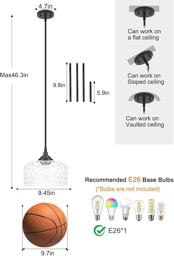 Daunton Black Pendant Light Fixtures, Pendant Lights Kitchen Island with Hammered Glass Shade for Modern Kitchen Island, Adjustable Hanging Ceiling Pendant Light for Dining Room Kitchen Sink Bathroom