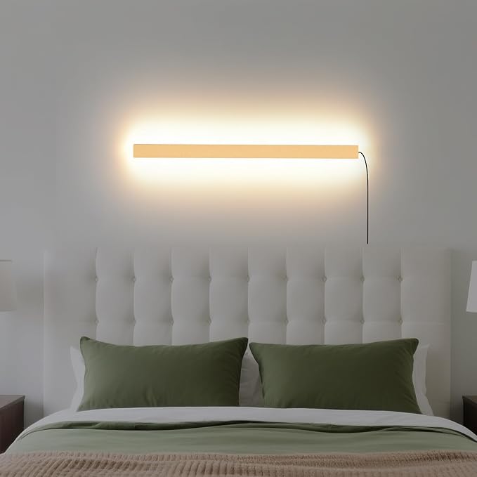 KELUOLY Modern Plug in Wall Sconces, 23.6 inch Frosted Gold LED Long Wall Lights, 12W Warm White 3000K Acrylic Indoor Wall lamp,with 59" Plug Cable for Bedroom, Living Room, Bathroom Makeup, Hallway