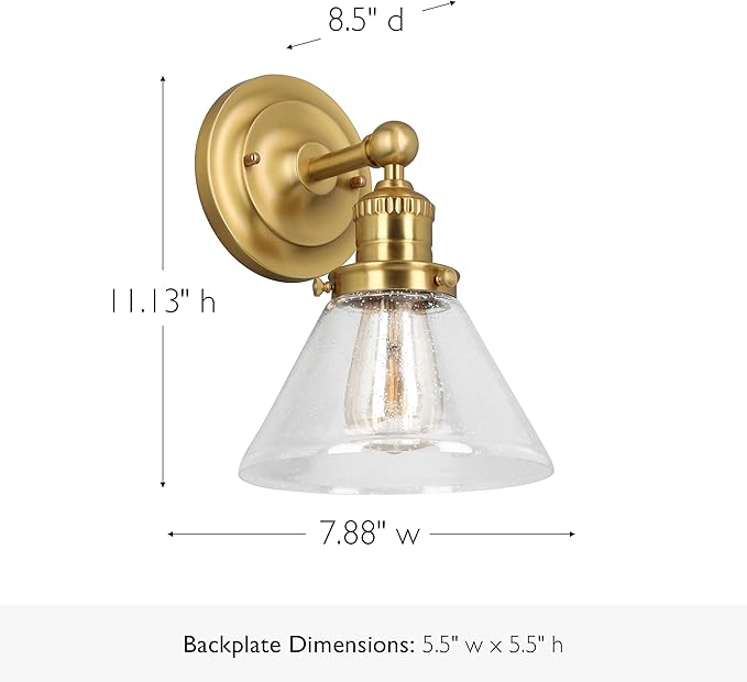 Design House Augustin Wall Sconce, 1-Light, Seeded Glass Warm Glow, Dimmable, Up/Down Glow, Easy Installation, E26 Socket, Satin Gold, 7.9 in L x 8.5 in D x 11.1 in H, 589028-SG