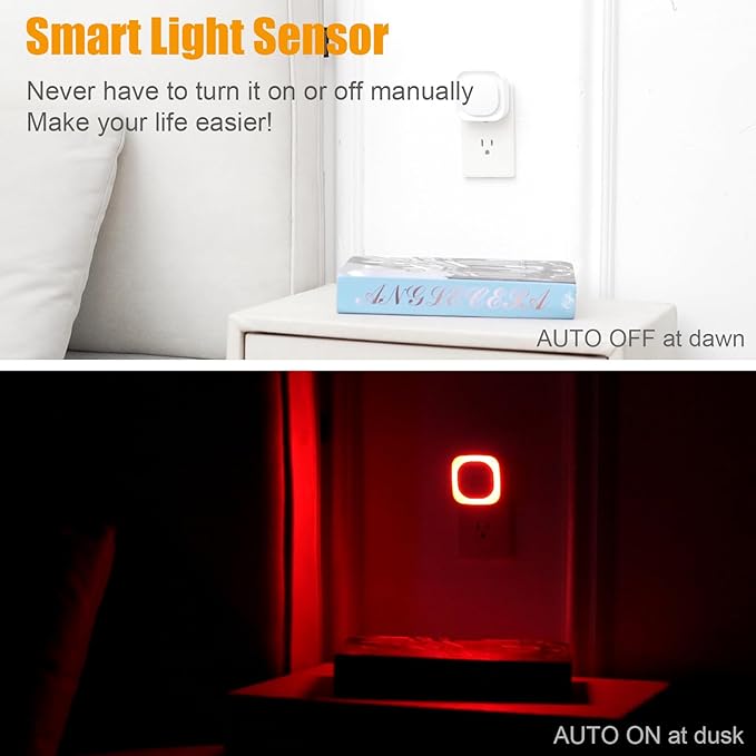 YUNLEX 4 Pack Red Night Light with Dusk to Dawn Sensor, Eye-Care Reflected Glow, 0% Blue Light True Red LED, 3-Level Brightness, Auto On/Off, Plug-in Nightlight for Sleep, Kids, Bedroom, Bathroom