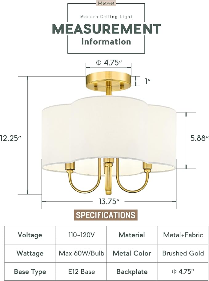Gold Semi Flush Mount Ceiling Light, 13.5" 4-Light Light Fixtures Ceiling Mount with Fabric Shade in Quatrefoil for Kitchen Nursery Entryway Hallway Bedroom, SM179-BG