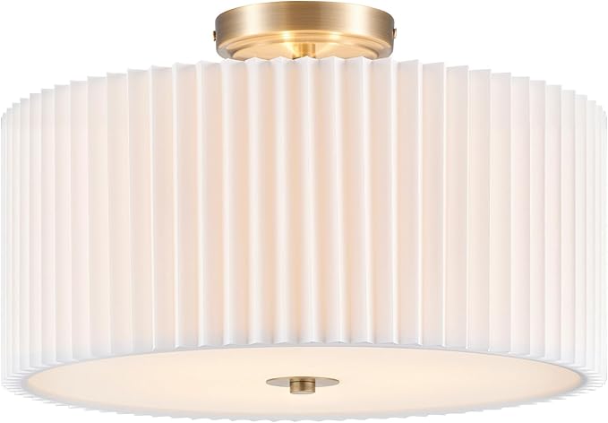 VONLUCE Semi-Flush Mount Ceiling Light, 15.7" Modern 3-Light Ceiling Light Fixture with White Pleated Drum Shade 3 E26 Sockets for Bedroom Entryway Living Room, Bronze Finish, ETL Certificated
