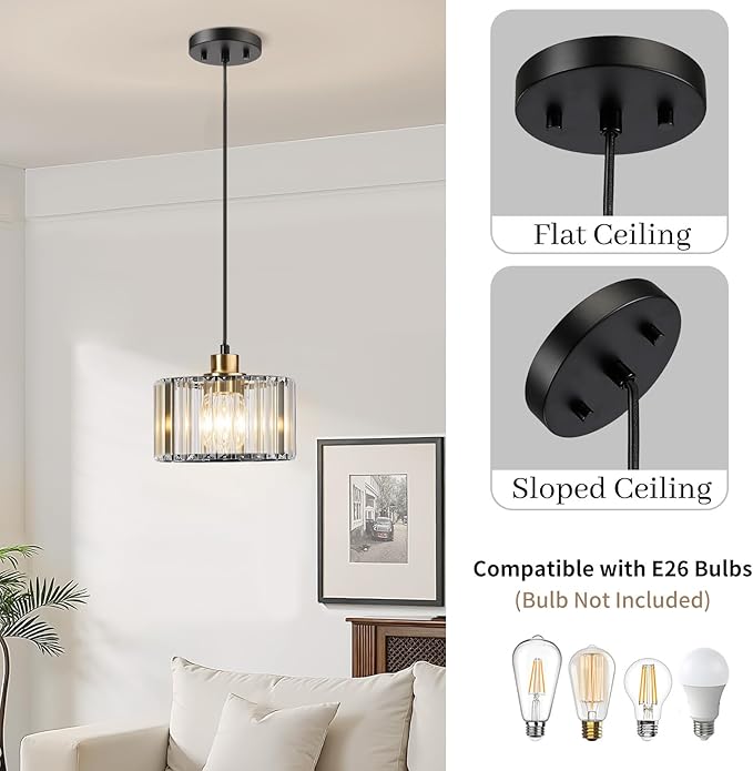 TALOYA Pendant Lights Kitchen Island Black and Gold, Crystal Pendant Light Modern for Dining Room, Height Adjustable Chandelier Hanging Island Light Fixtures for Kitchen Hallway(Bulb Not Included)