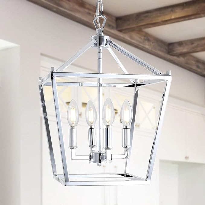JONATHAN Y 12" Chrome Lantern Pendant Light, 1-Light Pagoda Style Metal Cage Farmhouse Hanging Ceiling Fixture for Kitchen Island, LED Bulb Included (JYL7436C)