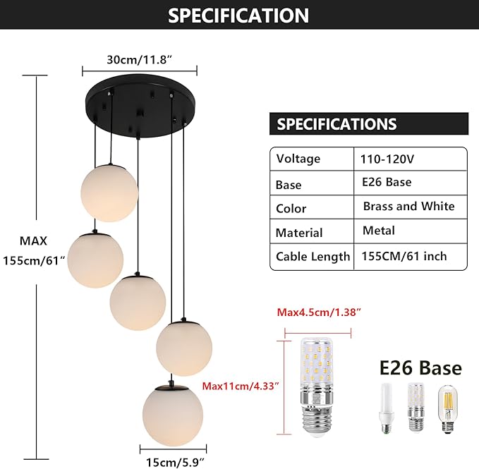 Modern Globe Cluster Chandeliers, 5 Lights White Glass Pendant Light Multi Cluster Pendant Lighting Mid Century Chandelier for Living Room Staircase Foyer Entryway, Black
