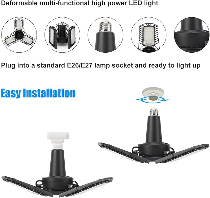 UL Certified LED Garage Ceiling Lights, 8000 Lumens, E26/E27 Adjustable Trilights, 80W, Ultra Bright 5000K Natural Daylight White