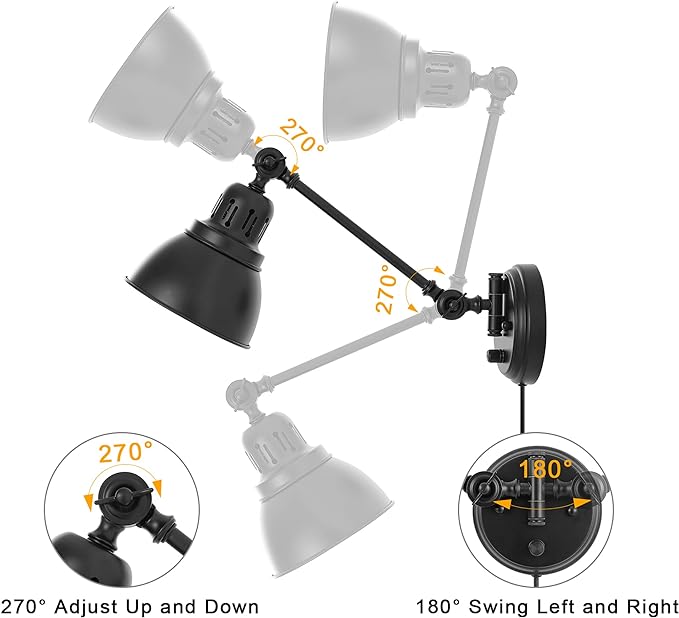 GOODATE Plug in Wall Sconces, Wall Sconce Lighting with Dimmable On Off Switch, Swing Arm Wall Lamp, Black Metal Industrial Wall Light Fixtures, Safety E26 Base, 6FT Plug in Cord