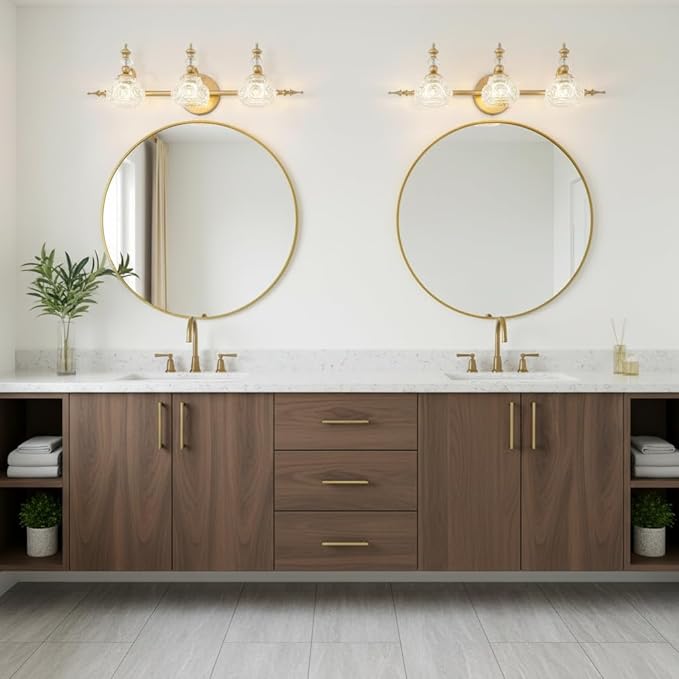 Bathroom Vanity Light Fixtures, Farmhouse Vintage Wall Sconce Lighting with Glass Shade, Bath Vintage Wall Mounted Lamps for Mirror (3 Lights,Gold,G9 Base)
