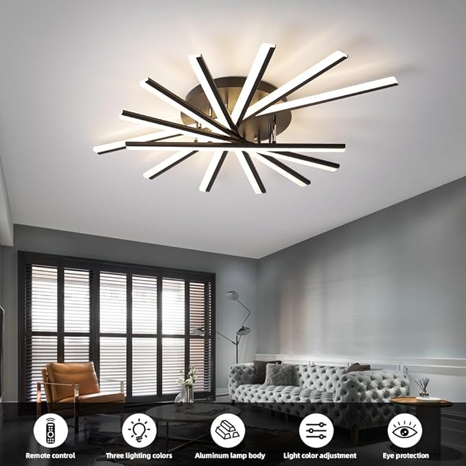 JAYMP 7 Lights Linear Modern Ceiling Lamp 41.3 inch Dimmable Led Semi Flush Mount Black Ceiling Light Fixture for Bedroom Dining Room Kitchen Island Living Room
