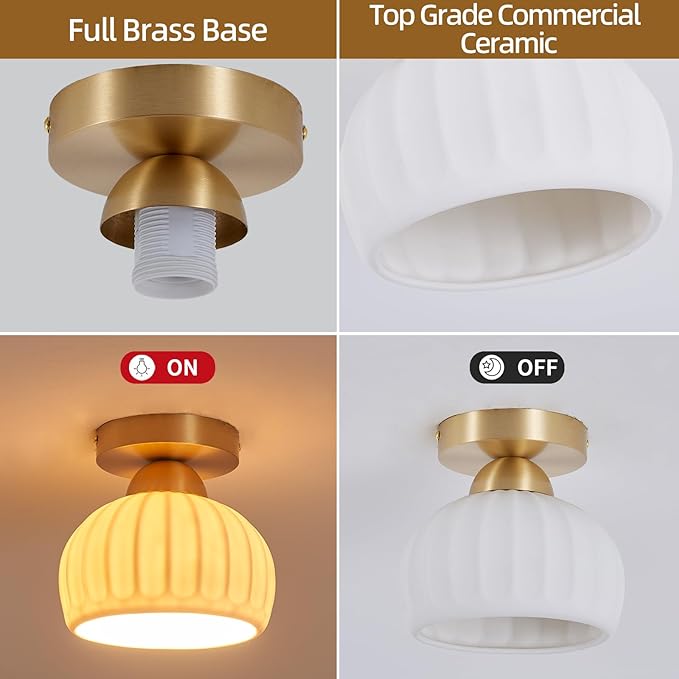 2 Pack Ceramic Brass Semi Flush Mount Ceiling Light Vintage Hallway Light Fixtures, Modern Small Ceiling Mount Light Lamp for Hall Kitchen Entryway Passway Porch Foyer