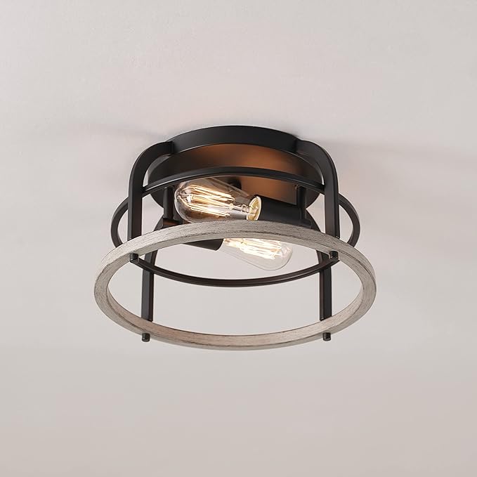 GLOBE Electric 65888 Shilah 2-Light Flush Mount Ceiling Light, Matte Black, Faux Wood Accents