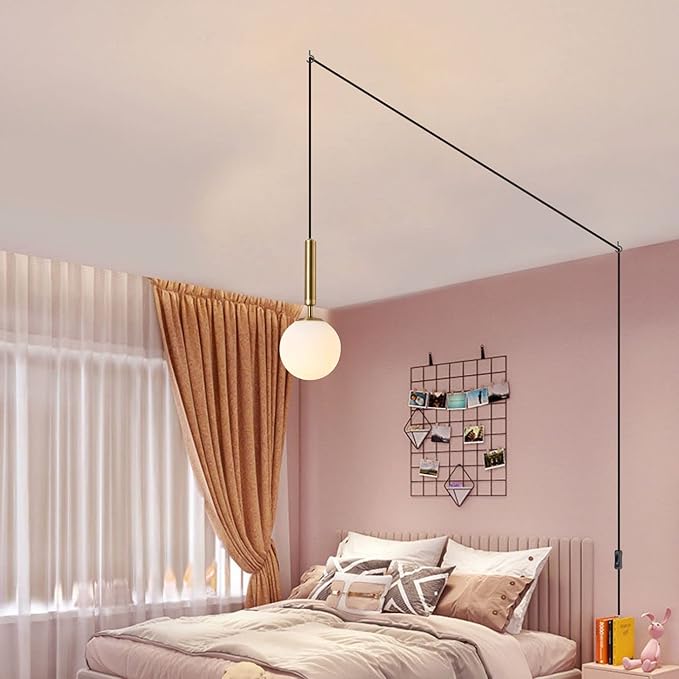 KCO Modern Gold Globe Pendant Lamp Plug in Mid Century White Frosted Glass Adjustable Ceiling Lamp Industrial Brass Gold Round Ball On/Off Chandelier for Farmhouse Kitchen Island Bedroom