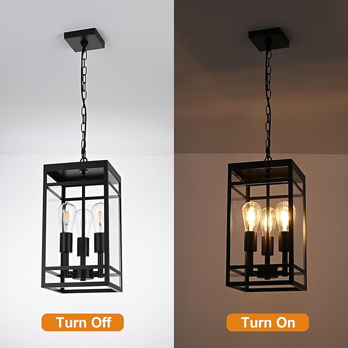 VINLUZ 3-Light Outdoor Pendant Light, 16" Matte Black Outdoor Hanging Light Fixture with Adjustable Chain, Exterior Linear Chandelier Hanging Lantern for Entryway, Patio, Garden, Front Door