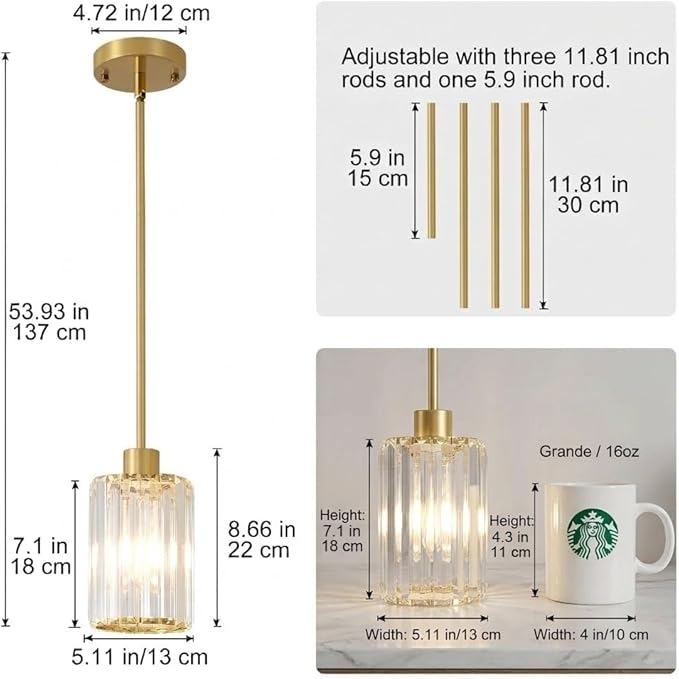 2 Pack Gold Pendant Lights for Kitchen Island, Modern Crystal Kitchen Hanging Light Fixtures, Mini Crystal Pendant Lights for Kitchen, Dining Room, Hallway, Foyer, Entryways