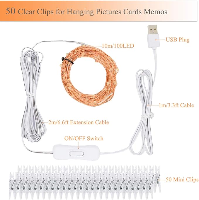 Decute 100 LED 50 Photo Clips String Lights Holder 33FT Starry Fairy Lights for Hanging Pictures Cards Memos USB Powered with Switch Perfect for Bedroom Wedding Dorm Christmas Decor (Warm White)