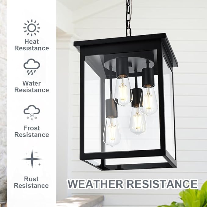 TODOLUZ Large Outdoor Pendant Light Fixtures, 4-Lights Black Exterior Ceiling Hanging Lanterns with Clear Glass, Farmhouse Outdoor Chandelier for Front Door Entry Patio