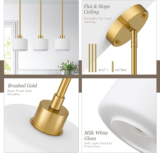 Milk Glass Pendant Lights Kitchen Island, 1-Light Modern Brushed Gold Hanging Light Fixtures with Rods, Mini Kitchen Pendant Lighting Over Island for Sink Bathroom, OS-YQ8153-1PBG