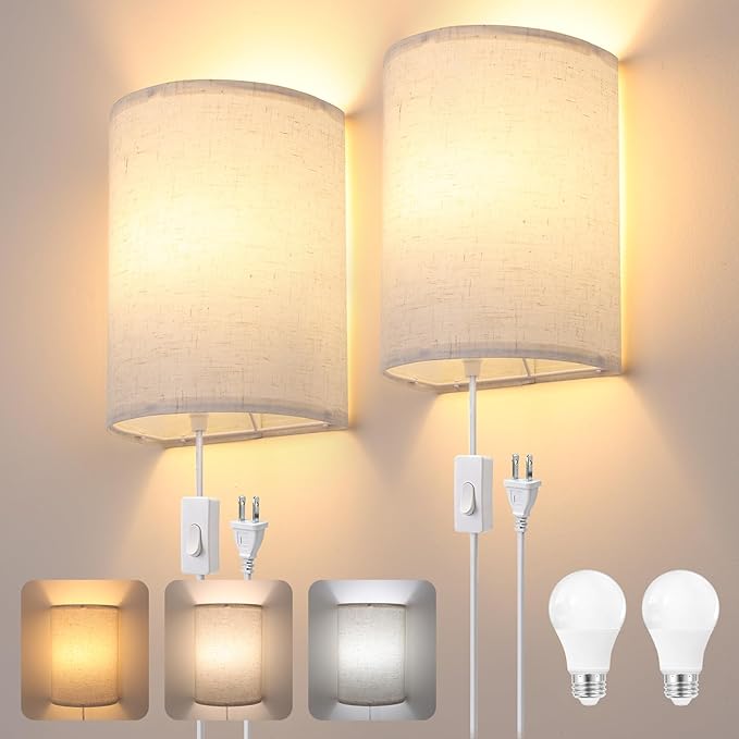 Shenmoyl Plug in Wall Sconces Set of 2 - Dimmable 3 Light Modes, Soft Fabric Linen Shade, Easy Install Wall Lamp for Bedroom, Corridor, Living Room Indoor Ambience Lighting with Switch
