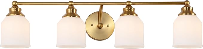 JONATHAN Y 33.25" Brass Gold/White Modern Farmhouse LED Vanity Light Wall Sconce Fixture, Frosted White Glass Shade, Dimmable Wall Lamp for Bathroom Mirror Kitchen Sink, UL Listed (JYL7552B)