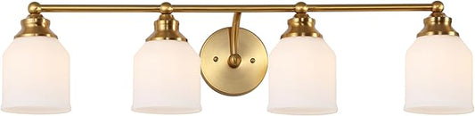 JONATHAN Y 33.25" Brass Gold/White Modern Farmhouse LED Vanity Light Wall Sconce Fixture, Frosted White Glass Shade, Dimmable Wall Lamp for Bathroom Mirror Kitchen Sink, UL Listed (JYL7552B)