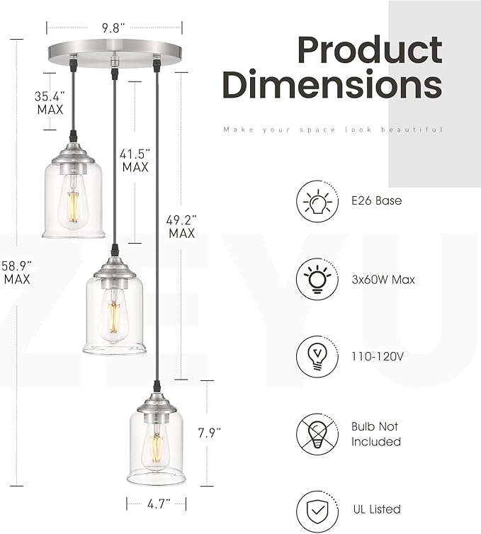 zeyu 3-Light Pendant Lighting, Adjustable Modern Cluster Pendant Light for Kitchen Island, Brushed Nickel Finish with Clear Glass Shade, ZSL104-3 BN