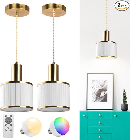 Battery Operated Pendant Light Set of 2, Fabric Lampshade Gold Battery Chandelier with 5200mah Rechargeable Remote Light Bulb, Hanging Island Light for Kitchen Bedroom Dinning Room